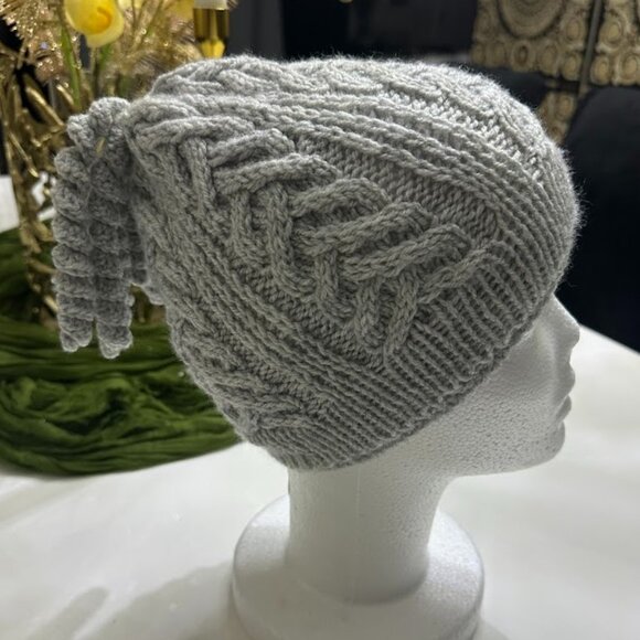 Handmade Gray Chunky Knit Hat with Braided Cable Pattern - Picture 2 of 6